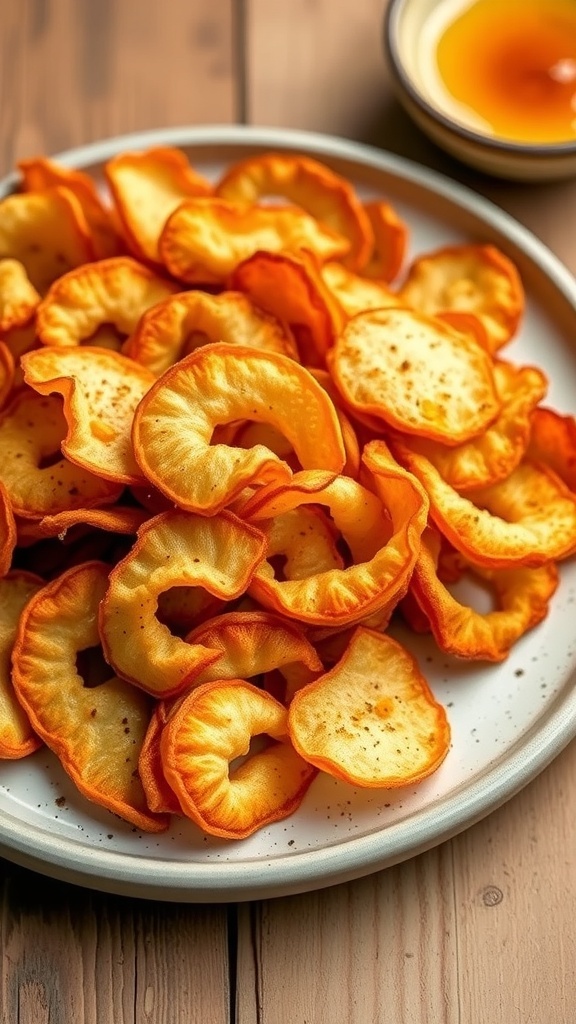 A plate of golden brown baked onion chips on a rustic wooden table, with a bowl of dip.